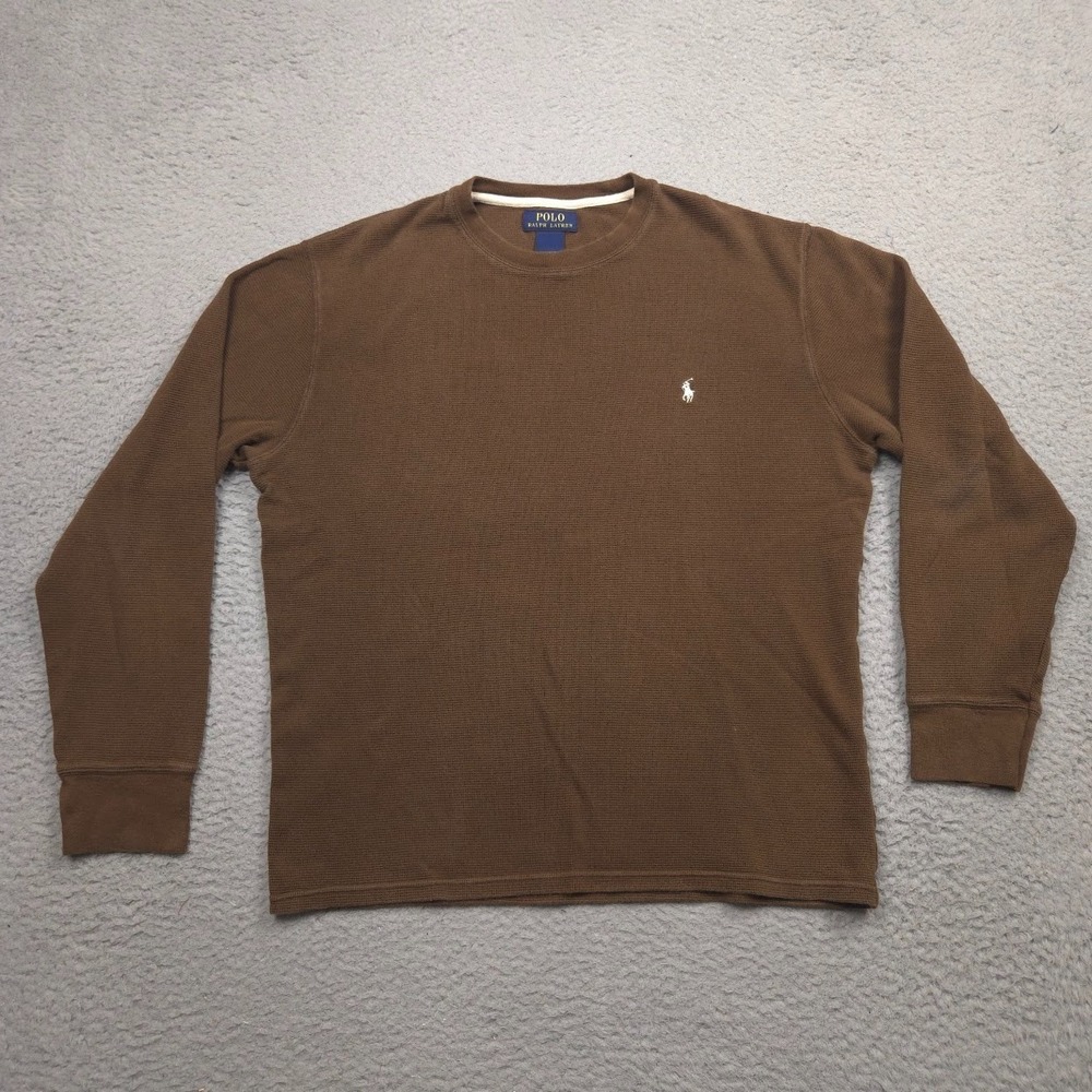 Polo Ralph Lauren Thermal Shirt Men L Brown Waffle Knit Cotton Long Sleeve Pony